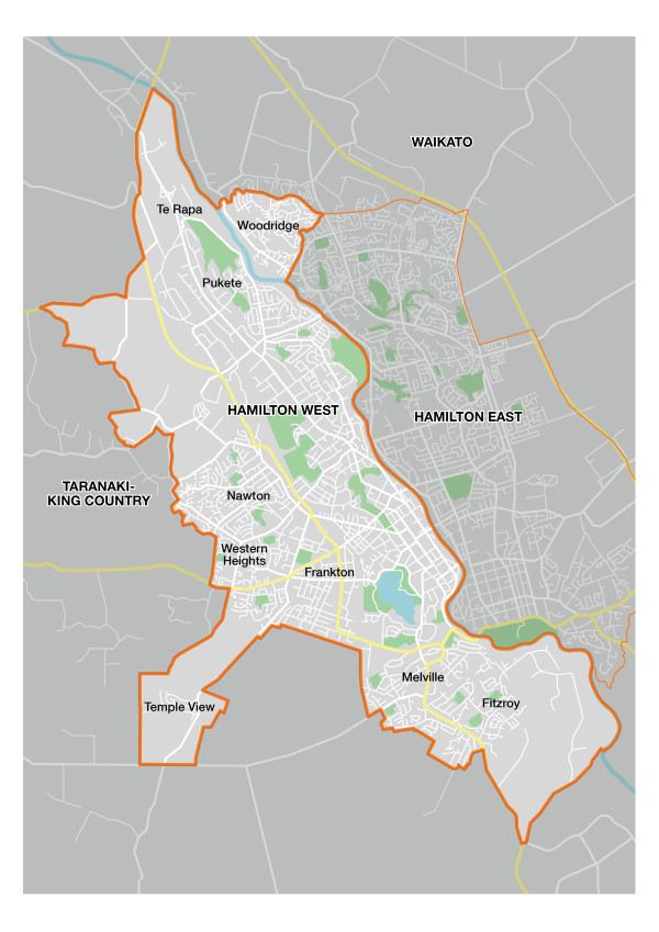 A map of the Hamilton West electorate, showing the suburbs of Te Rapa, Woodridge, Pukete, Nawton, Western Heights, Frankton, Temple View, Melville and Fitzroy. The map also shows the greyed-out neighbouring electorates of Waikato, Hamilton East, and King Country