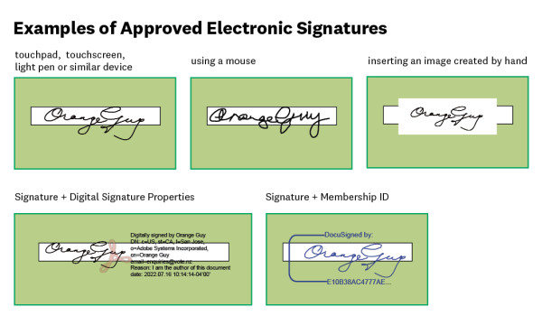 Examples of electronic signatures which will be accepted, including signatures made on a touchpad or touchscreen, using a mouse, or by inserting an image