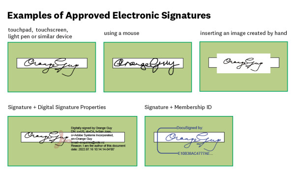 Examples of approved electronic signatures, showing that you can either draw a signature or insert a scanned signature