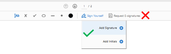 A screenshot from Adobe Reader, showing that people should use the add signature and add initials options, not the request e-signatures options